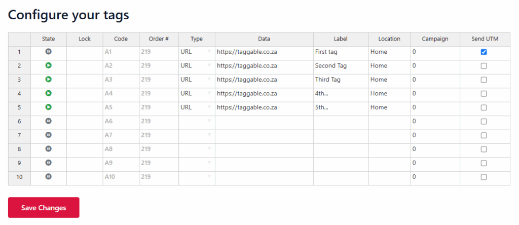 The NexTag dashboard, where each tag's destination is set
